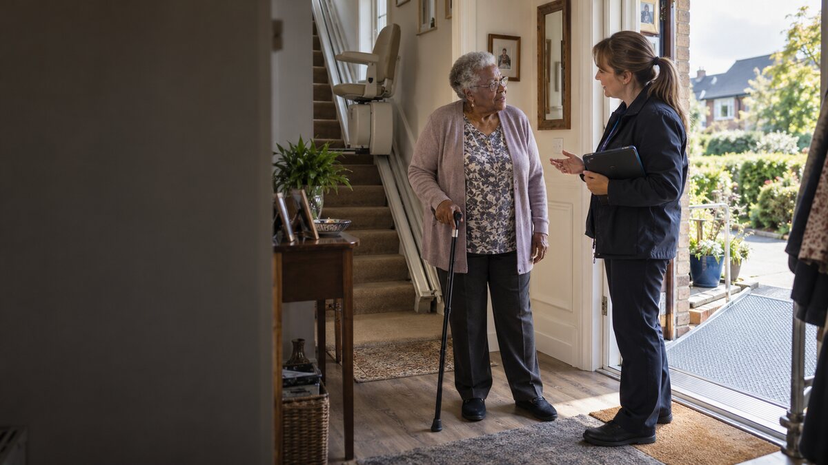 An older woman discussing home access with an adaptation adviser