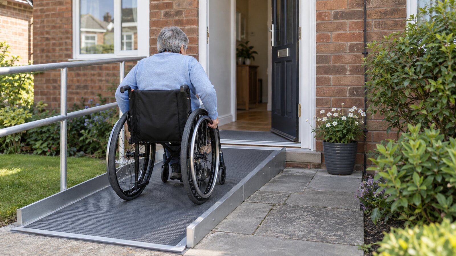 A wheelchair user entering a British home by a ramp and level threshold