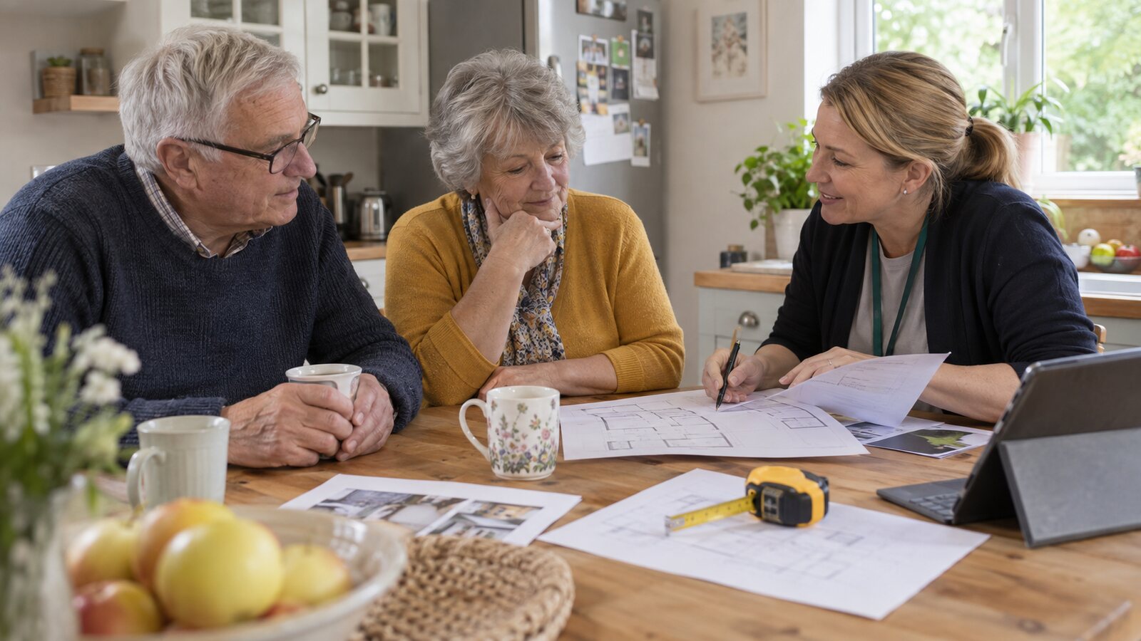 An occupational therapist discussing home adaptations with an older couple
