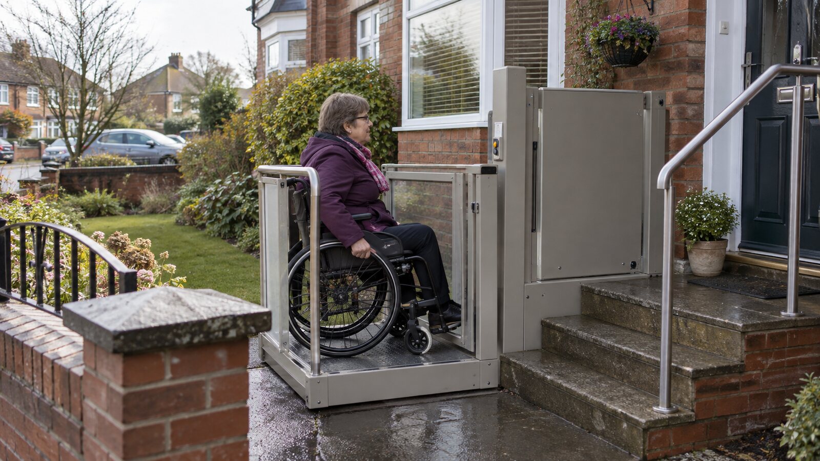 An outdoor platform lift beside the entrance steps of a British house